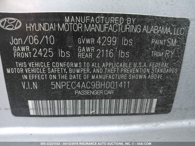 5NPEC4AC9BH001411 - 2011 HYUNDAI SONATA SE/LIMITED SILVER photo 9