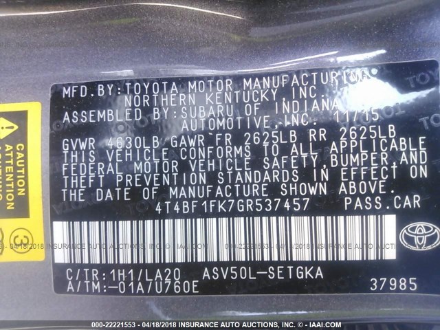 4T4BF1FK7GR537457 - 2016 TOYOTA CAMRY LE/XLE/SE/XSE ნაცრისფერი ფოტო 9