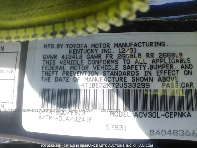 4T1BE32K72U533299 - 2002 TOYOTA CAMRY LE/XLE/SE ლურჯი ფოტო 9