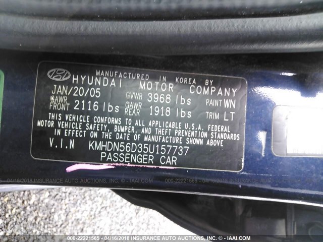 KMHDN56D35U157737 - 2005 HYUNDAI ELANTRA GLS/GT BLUE photo 9