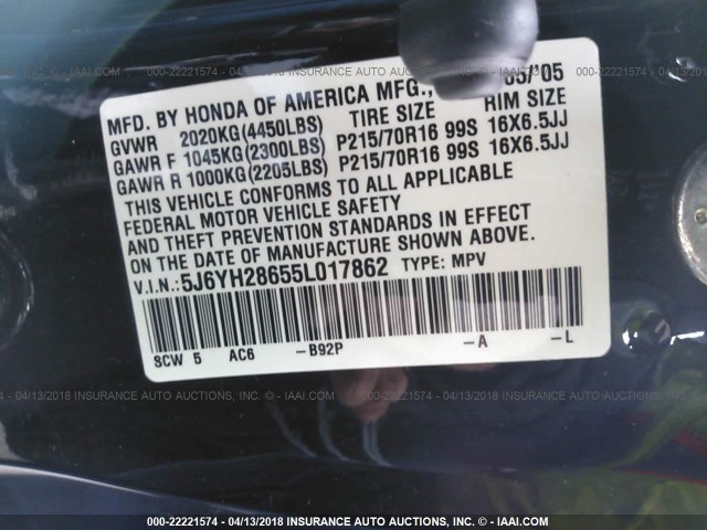 5J6YH28655L017862 - 2005 HONDA ELEMENT EX BLACK photo 9