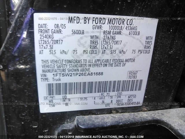 1FTSW21P26EA81688 - 2006 FORD F250 SUPER DUTY BLACK photo 9