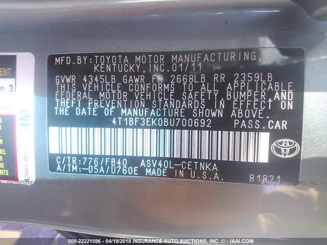 4T1BF3EK0BU700692 - 2011 TOYOTA CAMRY SE/LE/XLE 绿色 照片 9