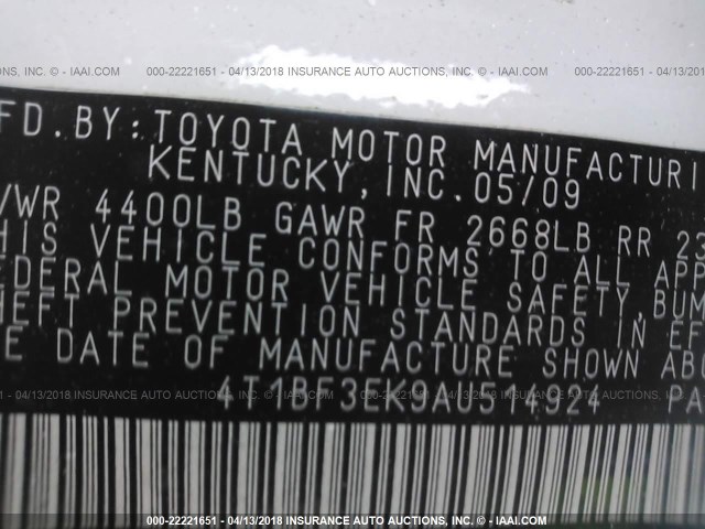 4T1BF3EK9AU514924 - 2010 TOYOTA CAMRY SE/LE/XLE 白色 照片 9