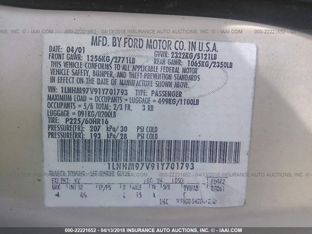 1LNHM97V91Y701793 - 2001 LINCOLN CONTINENTAL  奶油色 照片 9