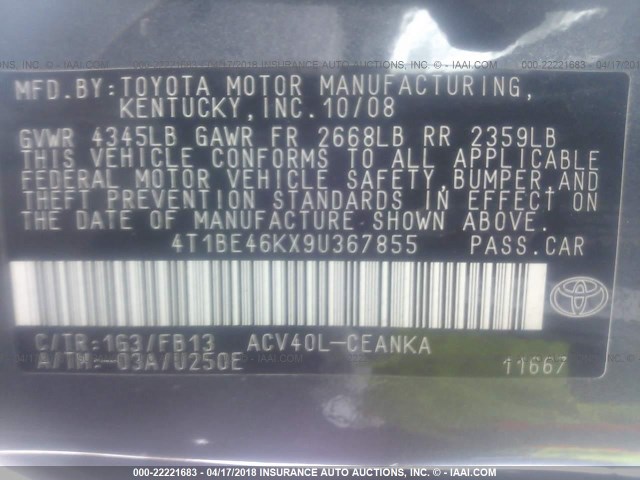 4T1BE46KX9U367855 - 2009 TOYOTA CAMRY SE/LE/XLE GRAY photo 9