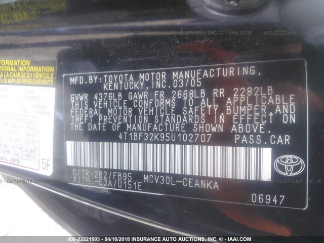 4T1BF32K95U102707 - 2005 TOYOTA CAMRY LE/XLE/SE შავი ფოტო 9