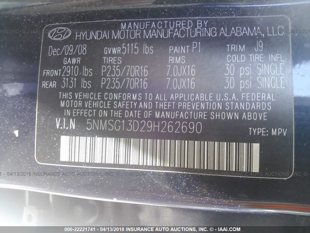 5NMSG13D29H262690 - 2009 HYUNDAI SANTA FE GLS BLUE photo 9