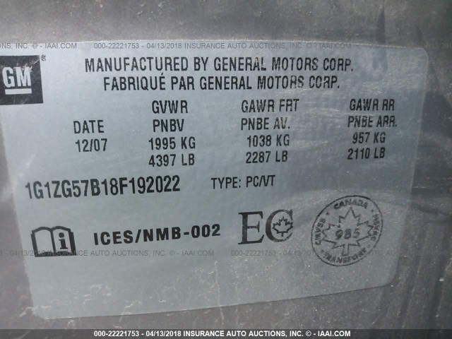 1G1ZG57B18F192022 - 2008 CHEVROLET MALIBU LS TAN photo 9