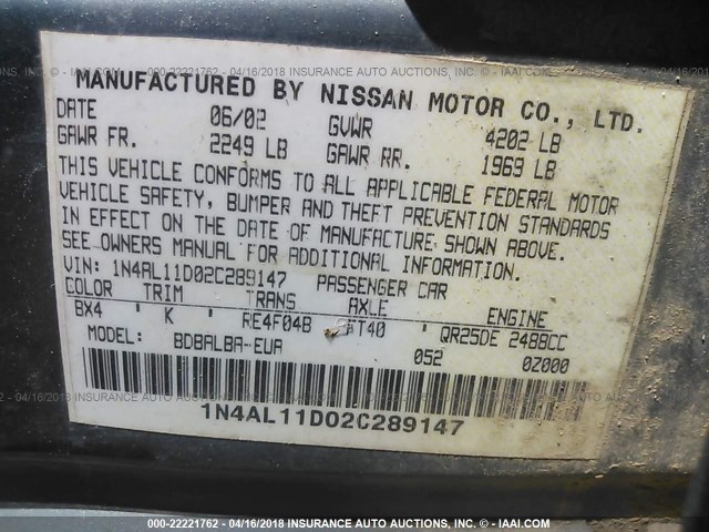 1N4AL11D02C289147 - 2002 NISSAN ALTIMA S/SL Light Blue photo 9