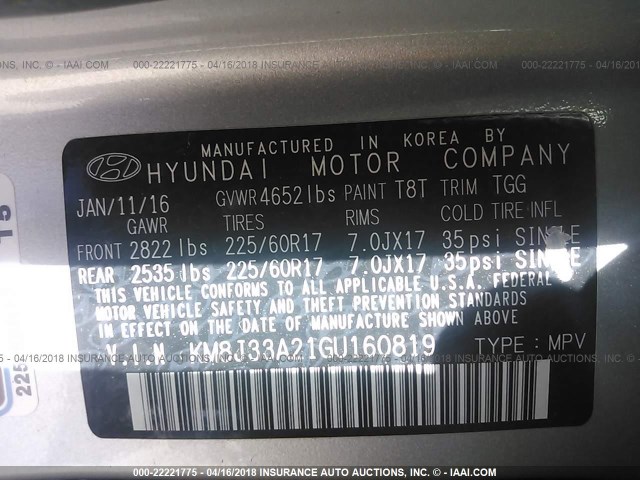KM8J33A21GU160819 - 2016 HYUNDAI TUCSON LIMITED/SPORT AND ECO/SE SILVER photo 9