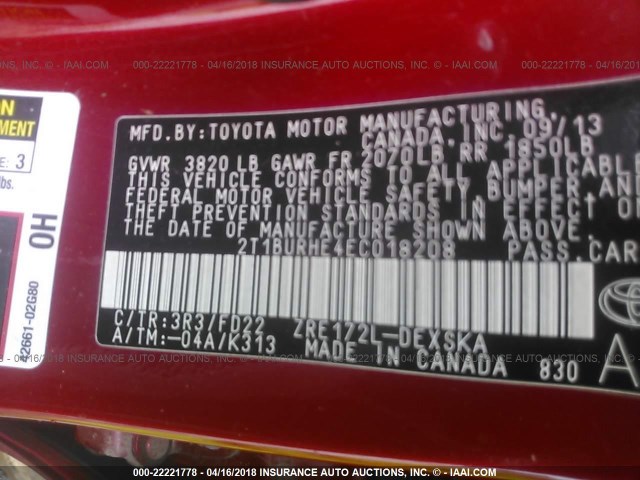 2T1BURHE4EC018208 - 2014 TOYOTA COROLLA L/LE/LE PLS/PRM/S/S PLS RED photo 9