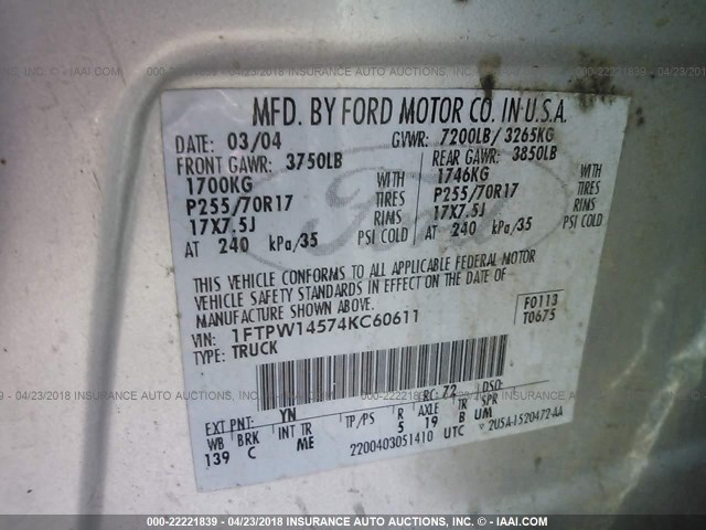 1FTPW14574KC60611 - 2004 FORD F150 SUPERCREW SILVER photo 9