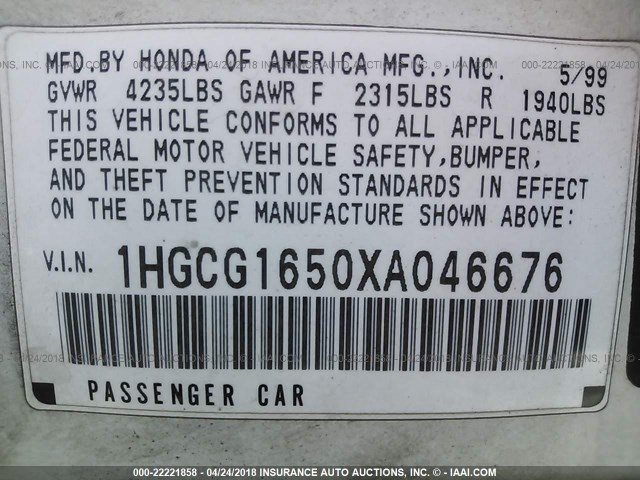 1HGCG1650XA046676 - 1999 HONDA ACCORD EX WHITE photo 9