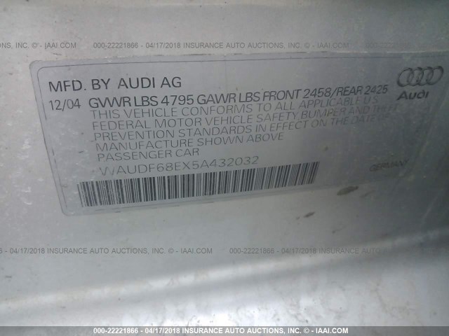 WAUDF68EX5A432032 - 2005 AUDI A4 2.0T QUATTRO SILVER photo 9