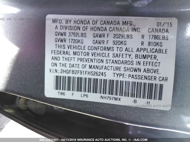 2HGFB2F91FH526245 - 2015 HONDA CIVIC EXL 灰色 照片 9