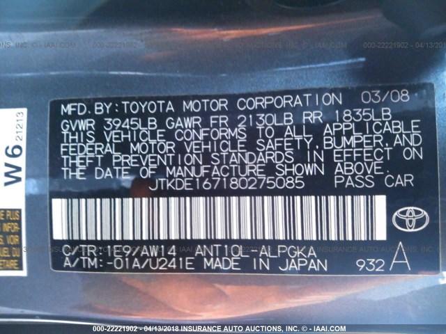 JTKDE167180275085 - 2008 TOYOTA SCION TC 灰色 照片 9