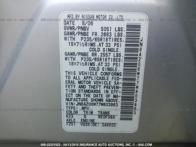 JN8AZ08W77W603963 - 2007 NISSAN MURANO SL/SE/S SILVER photo 9