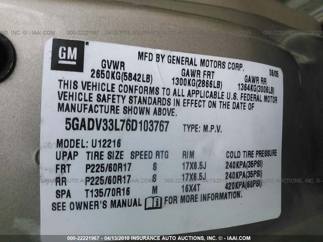 5GADV33L76D103767 - 2006 BUICK TERRAZA CXL GOLD photo 9