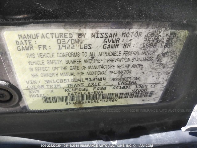 3N1CB51D04L912984 - 2004 NISSAN SENTRA 1.8/1.8S BLACK photo 9