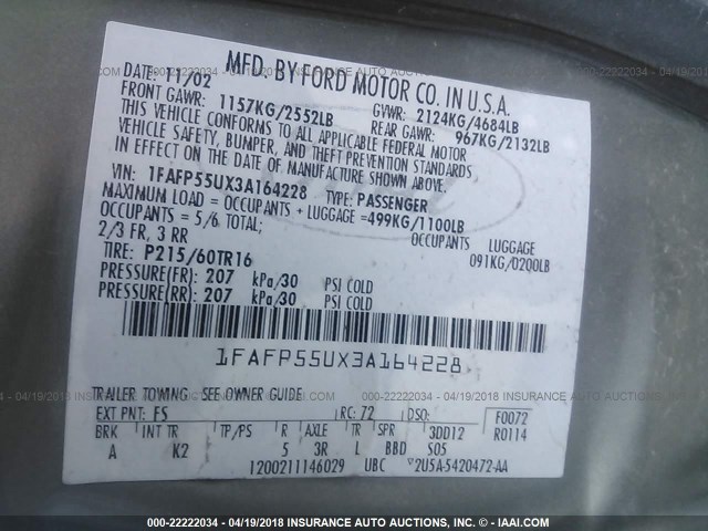 1FAFP55UX3A164228 - 2003 FORD TAURUS SES GRAY photo 9