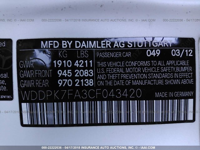 WDDPK7FA3CF043420 - 2012 MERCEDES-BENZ SLK 55 AMG WHITE photo 9