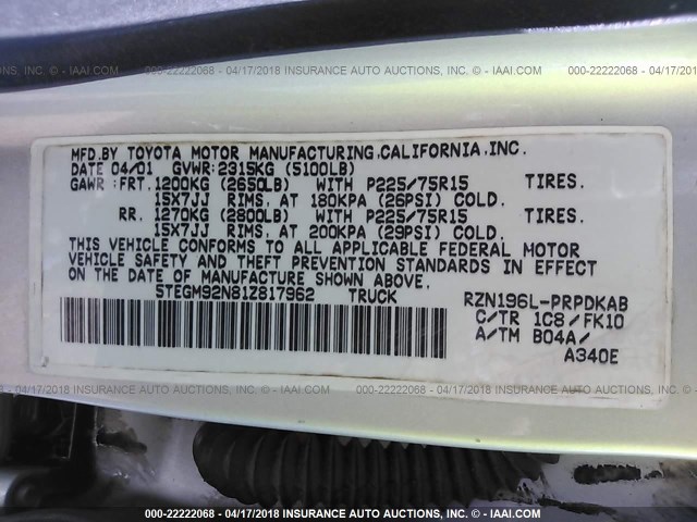 5TEGM92N81Z817962 - 2001 TOYOTA TACOMA DOUBLE CAB PRERUNNER SILVER photo 9