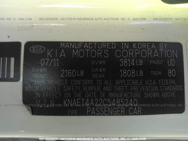 KNAFT4A22C5485240 - 2012 KIA FORTE LX WHITE photo 9