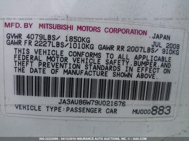 JA3AU86W79U021676 - 2009 MITSUBISHI LANCER GTS WHITE photo 9