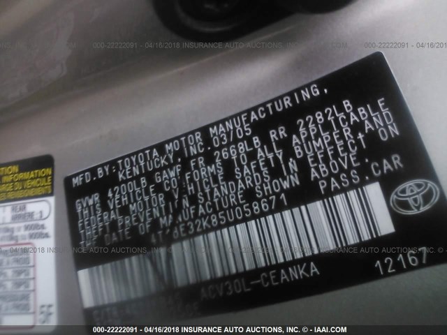 4T1BE32K85U058671 - 2005 TOYOTA CAMRY LE/XLE/SE 金色 照片 9