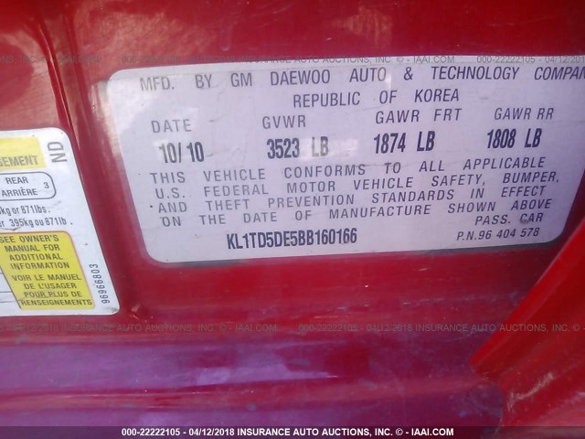 KL1TD5DE5BB160166 - 2011 CHEVROLET AVEO LS/LT 红色 照片 9