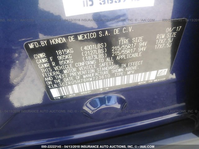 3CZRU5H76HM723610 - 2017 HONDA HR-V EXL BLUE photo 9