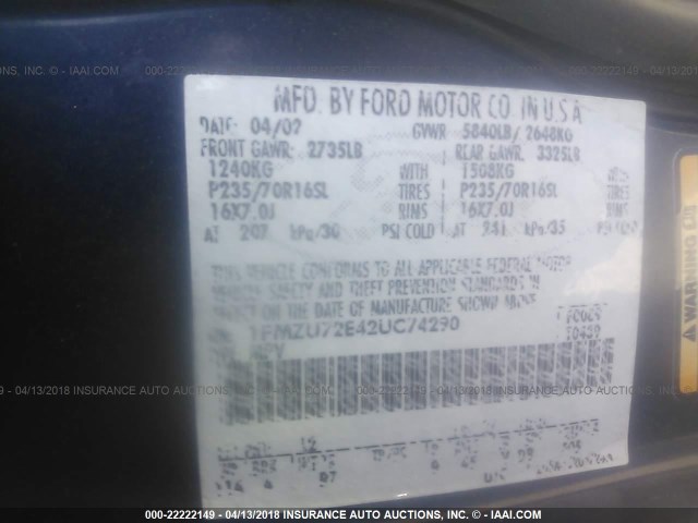 1FMZU72E42UC74290 - 2002 FORD EXPLORER XLS BLUE photo 9