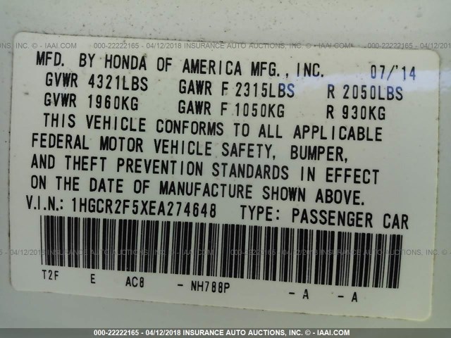 1HGCR2F5XEA274648 - 2014 HONDA ACCORD SPORT WHITE photo 9