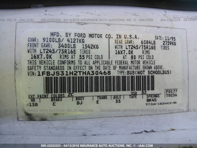 1FBJS31H2THA30468 - 1996 FORD ECONOLINE E350 SUPER DUTY WHITE photo 9