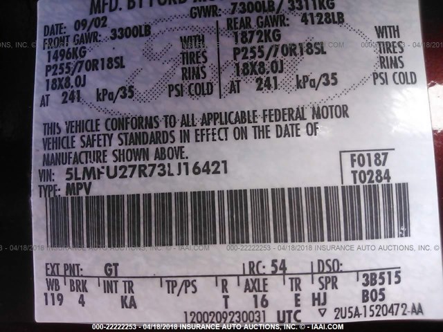 5LMFU27R73LJ16421 - 2003 LINCOLN NAVIGATOR BURGUNDY photo 9