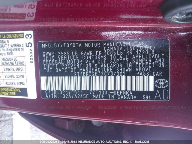 2T1BR32E17C787002 - 2007 TOYOTA COROLLA CE/LE/S RED photo 9