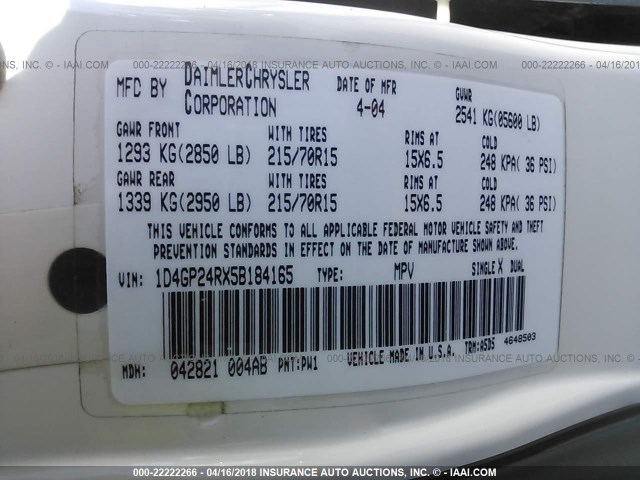 1D4GP24RX5B184165 - 2005 DODGE GRAND CARAVAN SE WHITE photo 9