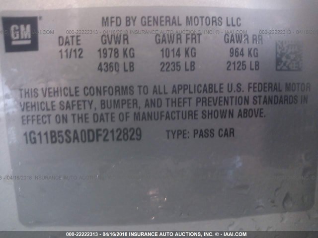 1G11B5SA0DF212829 - 2013 CHEVROLET MALIBU LS 银色 照片 9