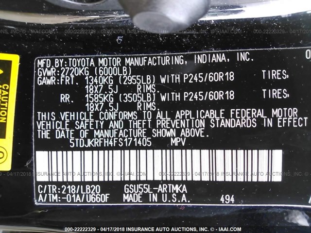 5TDJKRFH4FS171405 - 2015 TOYOTA HIGHLANDER XLE შავი ფოტო 9