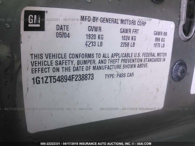 1G1ZT54894F238873 - 2004 CHEVROLET MALIBU LS 绿色 照片 9