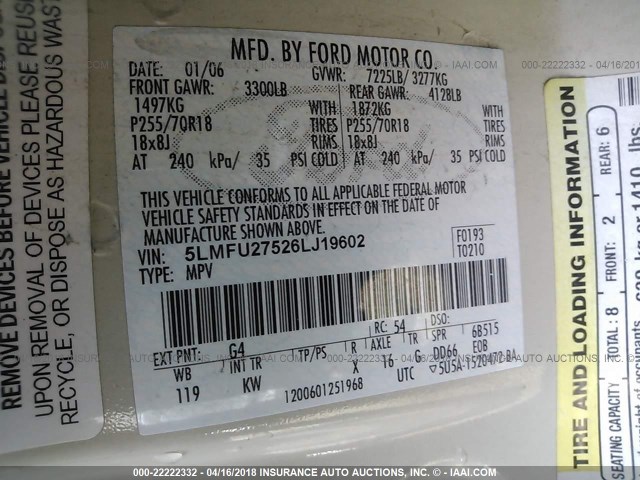 5LMFU27526LJ19602 - 2006 LINCOLN NAVIGATOR WHITE photo 9