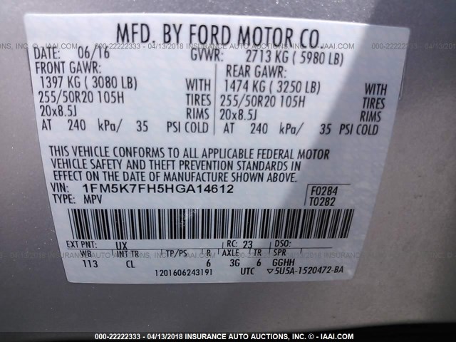 1FM5K7FH5HGA14612 - 2017 FORD EXPLORER LIMITED SILVER photo 9