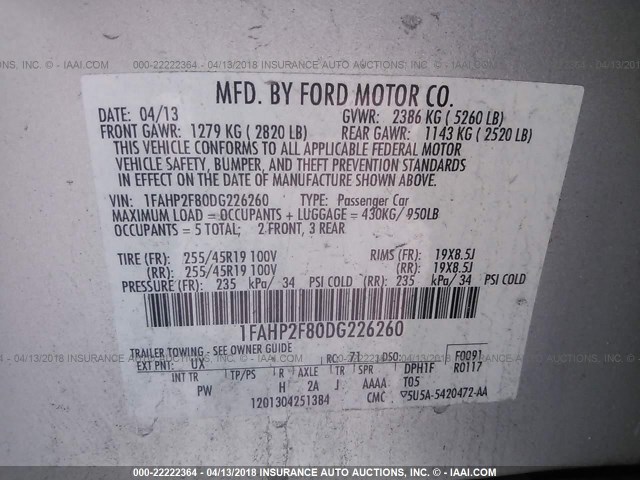 1FAHP2F80DG226260 - 2013 FORD TAURUS LIMITED SILVER photo 9