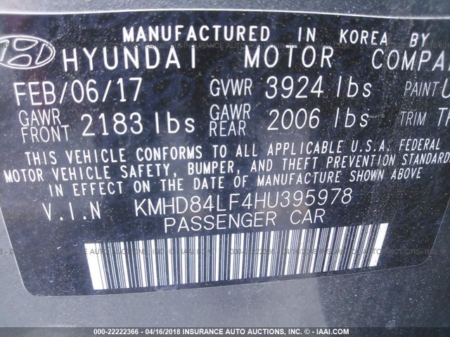 KMHD84LF4HU395978 - 2017 HYUNDAI ELANTRA SE/VALUE/LIMITED GRAY photo 9