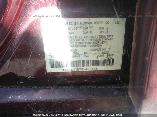 1N4AL11D75N403136 - 2005 NISSAN ALTIMA S/SL RED photo 9