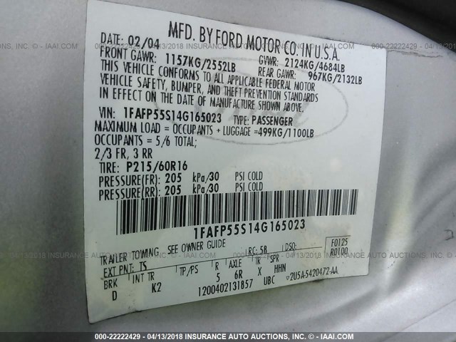 1FAFP55S14G165023 - 2004 FORD TAURUS SES SILVER photo 9