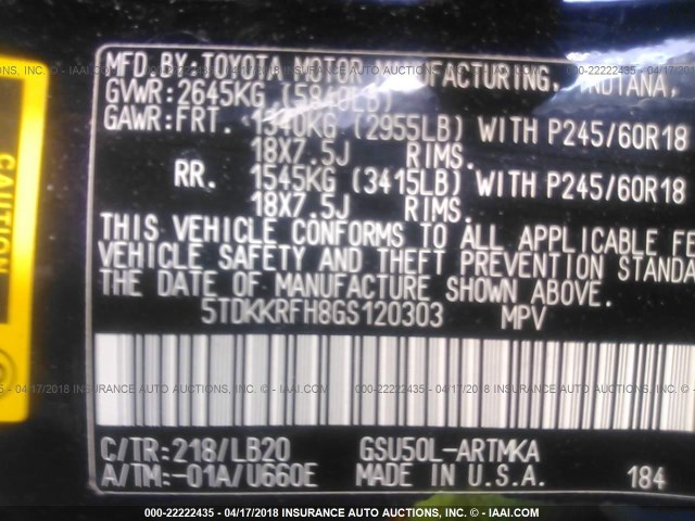 5TDKKRFH8GS120303 - 2016 TOYOTA HIGHLANDER XLE შავი ფოტო 9