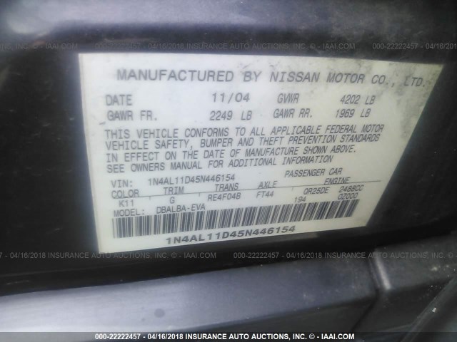 1N4AL11D45N446154 - 2005 NISSAN ALTIMA S/SL GRAY photo 9