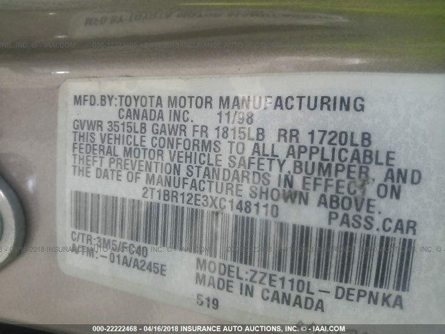 2T1BR12E3XC148110 - 1999 TOYOTA COROLLA VE/CE/LE 香槟色 照片 9